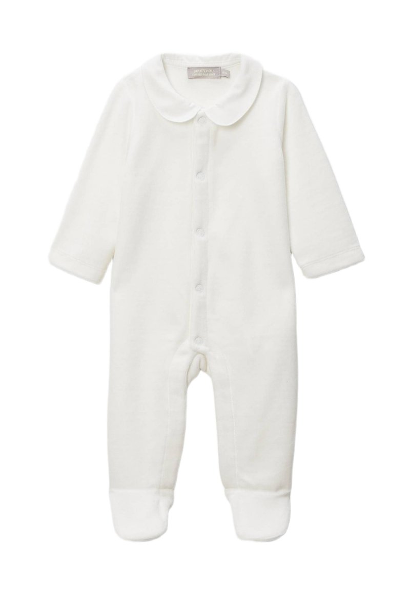 Body bébé en coton blanc à manches longues, avec un col rond, une fermeture à boutons-pression sur le devant et un design avec pieds pour plus de chaleur.