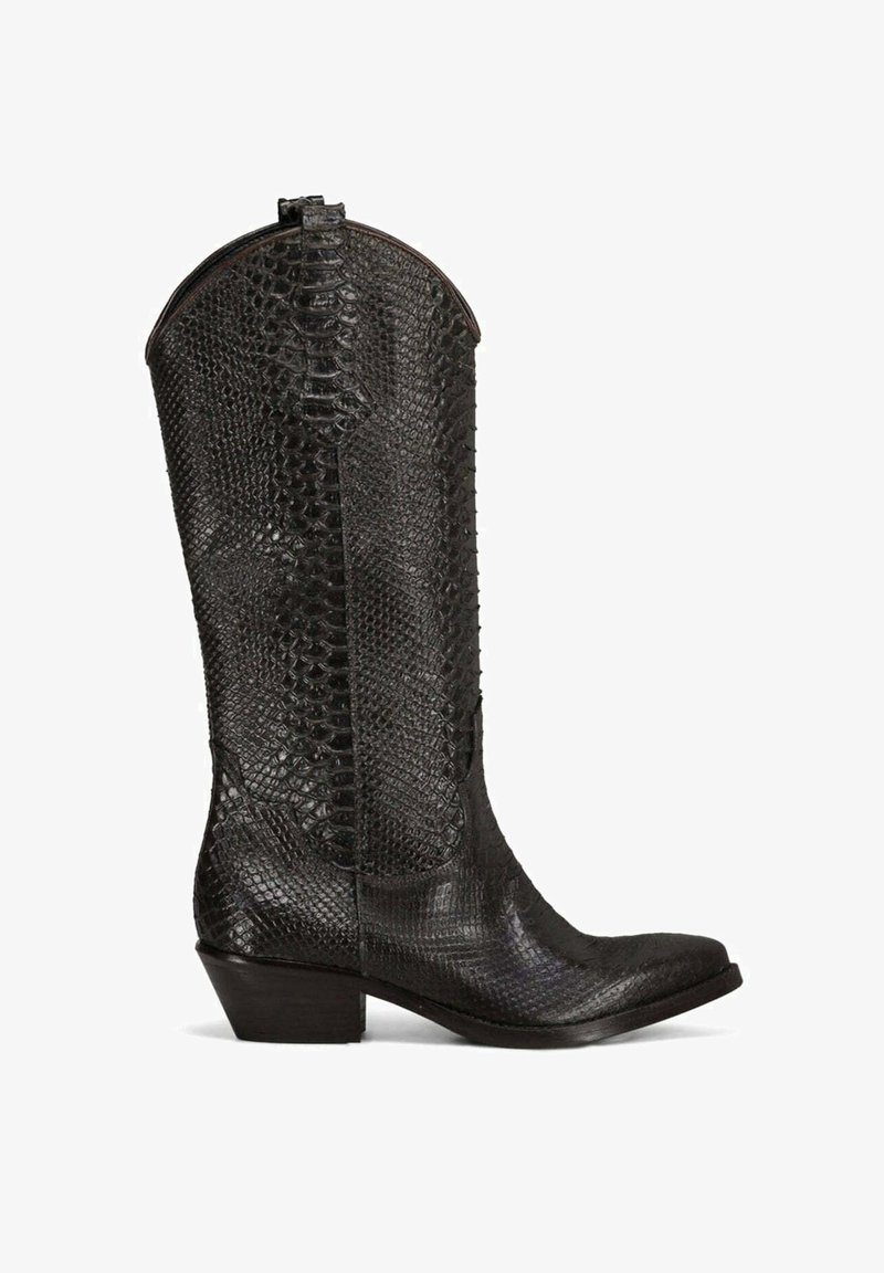 Bottes de cowboy en cuir noir avec un motif texturé de reptile. Elles présentent un embout pointu et un talon empilé. Fermeture à glissière à l'arrière.