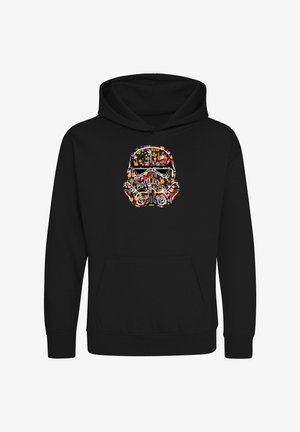 Schwarzer Kapuzenpullover mit einer bunten Grafik eines Stormtrooper-Helms, der mit verschiedenen Mustern und Designs verziert ist. Mit vorderer Kängurutasche.
