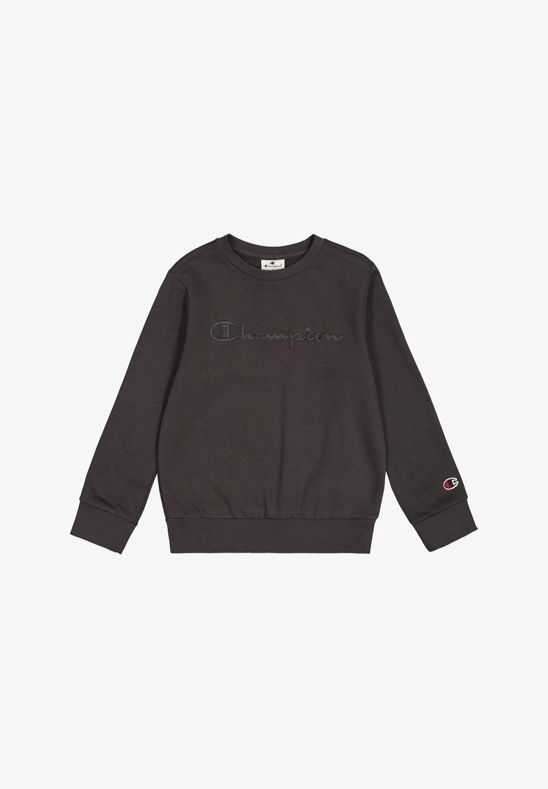 Sweatshirt gris foncé en mélange de coton avec des poignets et un ourlet côtelés. Arbore le logo "Champion" en broderie sur le devant.