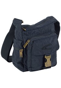 Dunkelblaue Stoff-Crossbody-Tasche mit strukturierter Oberfläche, goldenen Reißverschlüssen, verstellbarem Tragegurt und mehreren Fächern zur Aufbewahrung.