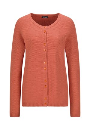 Langärmlige, knopflose Strickjacke in verbranntem Orange mit rundem Halsausschnitt und strukturiertem Muster.