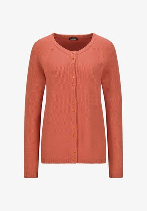 Langsleevige, knoopgebonden gebreide cardigan in verbrande sinaasappelschil met een ronde hals en een gestructureerd patroon.
