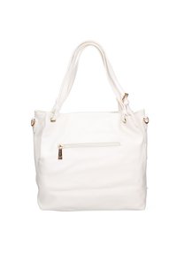 Sac fourre-tout en cuir blanc avec double anses, une poche zippée à l'avant, quincaillerie dorée et surface texturée. Design simple et spacieux.