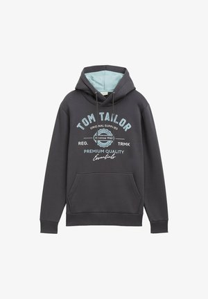 Hooded sweatshirt i mörkgrå bomullsblandning med blå insida. Har framfickor och blå tryckt logga. Relaxad passform, ribbade muddkanter.