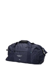 Borsone blu navy, capacità 50L, realizzato in tessuto resistente, dotato di doppie cinghie per il trasporto, tasche con zip e dettagli del logo.