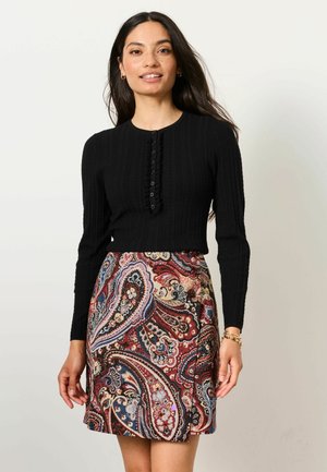 Kvinde med langt mørkt hår iført sort langærmet knap-sweater og farverig paisley-mønstret nederdel står foran en ensfarvet baggrund.