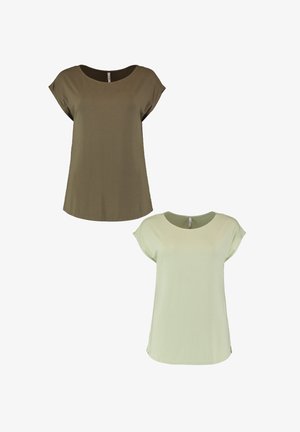 Two short-sleeved tops: one in olive green, one in light green. Both feature a round neckline and a relaxed fit, made of soft, smooth fabric.