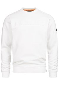 Hvid sweatshirt med ribbet halsudskæring og manchetter, med et præget "INDICODE JEANS" logo på forsiden og en sidelukning.