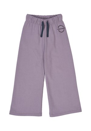 Pantaloni a gamba larga viola realizzati in morbido cotone. Presentano una vita elastica con cordini e un piccolo dettaglio stampato su una gamba.