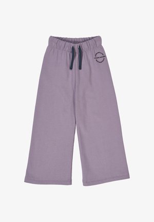 Lilla vidde bukser lavet af blød bomuld. Har en elastisk talje med snørebånd og et lille trykt detalje på det ene ben.