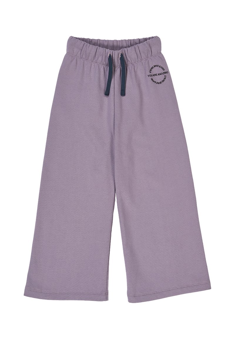 Lila weite Hose aus weicher Baumwolle. Sie verfügt über einen elastischen Bund mit Kordelzug und einem kleinen Druckdetail an einem Bein.