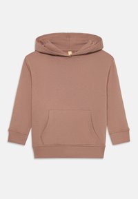 Rose-beige hettegenser laget av myk stoff, med kengurulomme, ribbede mansjetter og fôret hette. Enkelt design uten mønstre.