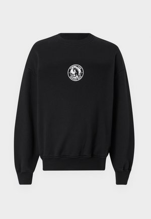 Black sweatshirt featuring a circular white logo on the chest, ribbed crew neckline, and ribbed cuffs and hem for a fitted look.