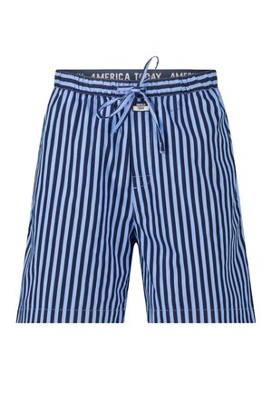 Shorts à rayures verticales bleues et marine avec une taille élastique et un lien devant, étiquetés "America Today" à l'intérieur de la taille.