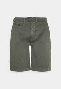 Donkergroene katoenen shorts met een platte voorkant, knoopsluiting, zijzakken en opgerolde zomen. Gladde textuur met een klassiek ontwerp.