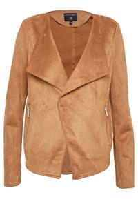 Giacca in similpelle scamosciata marrone con ampie revers, zip frontale asimmetrica, maniche lunghe e tasche laterali con zip dorate.