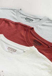 Trzy złożone t-shirty z okrągłym dekoltem w kolorze szarym, rdzawego i białym, oznaczone "NEXT Regular Fit", ułożone jedno na drugim na jasnej powierzchni.