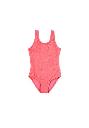 Ljusröd enbitarssimdräkt med texturerade mönster av frukter och blommor, med breda axelband och en högskuren bendesign.