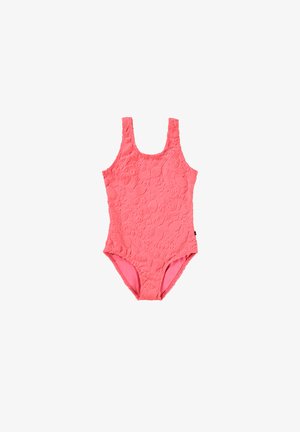 Lyse rosa baddrakt i ett stycke med strukturerte mønstre av frukter og blomster, med brede stropper og høyutskåret ben.