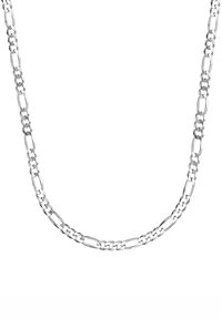 Silberne Kettenhalskette mit ineinander verschlungenen ovalen und rechteckigen Gliedern, polierte Oberfläche und glatte Textur.