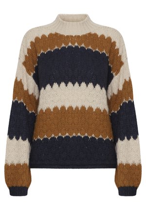 Sweter dzianinowy z wysokim kołnierzem, falistymi paskami w kolorze granatowym, kremowym i brązowym, z teksturowanym materiałem oraz długimi, lekko bufiastymi rękawami.