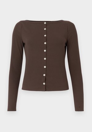 Brown long-sleeve top with a scoop neck, ribbed texture, and white button closures down the front. Fitted design with a straight hem.