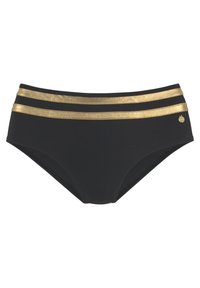 Bas de bikini noir avec trois bandes métalliques dorées horizontales. Texture lisse et design moderne ; présente un petit emblème de la marque sur le côté.