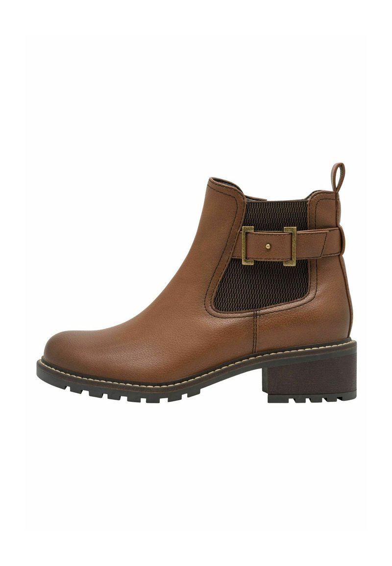 Brown leather ankle boot with elastic side panels, decorative buckle strap, pull tab, and low block heel on a white background.