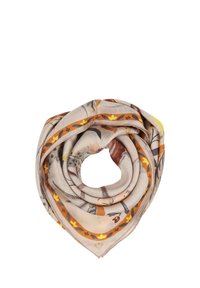 Foulard floral en soie beige, avec des accents orange et jaune. Design enroulé avec des motifs de feuilles et de fleurs intriqués autour de la bordure.