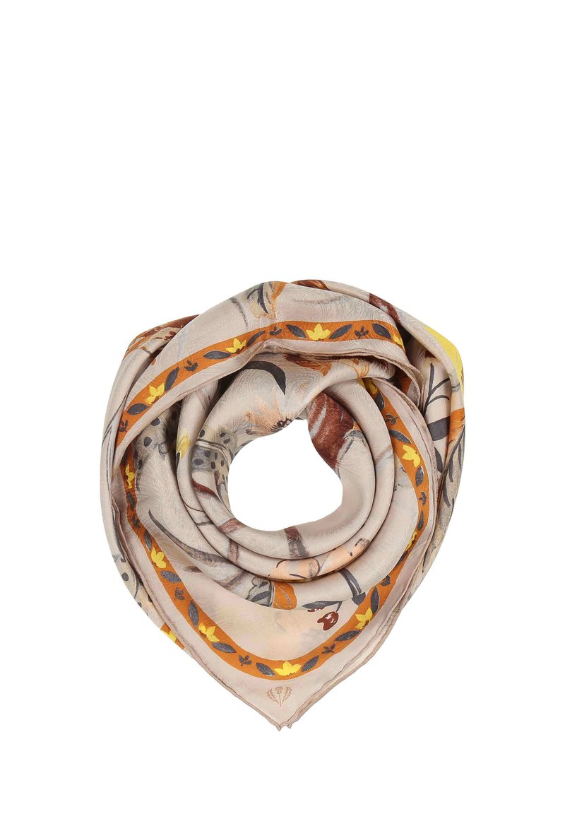 Foulard floral en soie beige, avec des accents orange et jaune. Design enroulé avec des motifs de feuilles et de fleurs intriqués autour de la bordure.