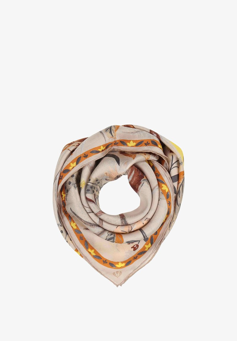 Foulard floreale in seta beige, con accenti arancioni e gialli. Design arrotolato con intricati motivi di foglie e fiori lungo il bordo.