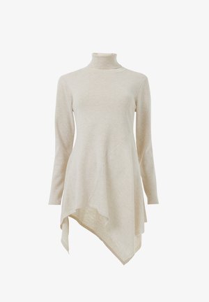 Lichtbeige lange mouw sweater jurk met een hoge hals, asymmetrische zoom en een zachte gebreide textuur, met een strak, eenvoudig ontwerp.
