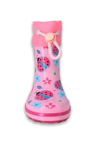 Roze rubberen regenlaars met een bloemen- en lieveheersbeestjespatroon, voorzien van een trekkoord aan de bovenkant en een roze zool. Gladde textuur en glanzende afwerking.