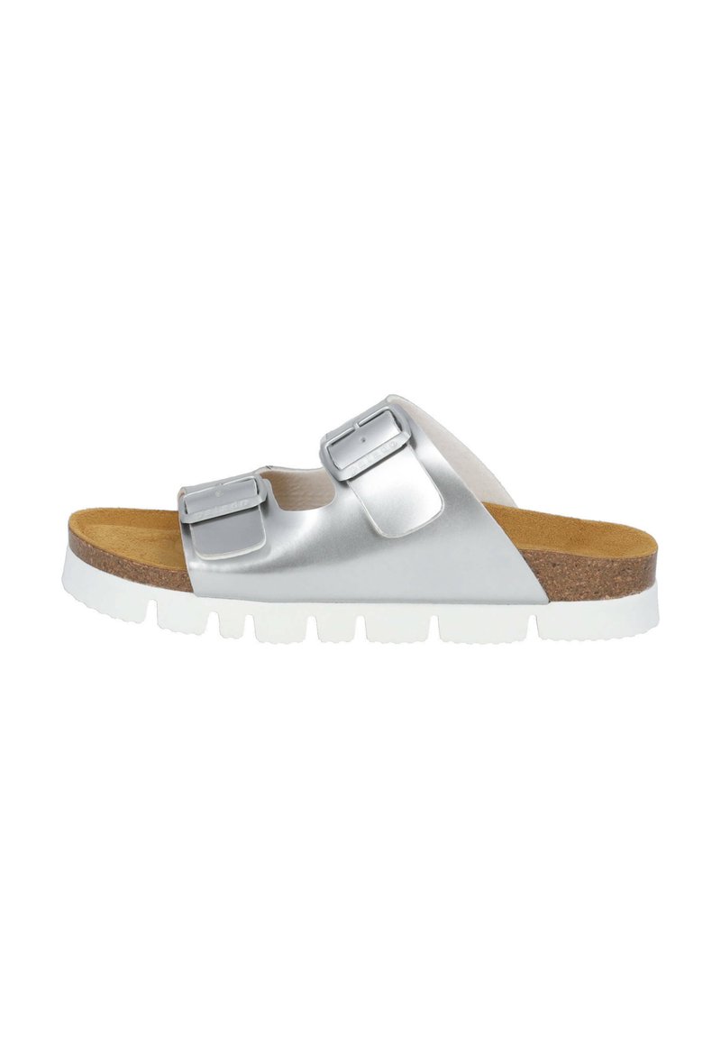Sandali slip-on argento con due fibbie regolabili, soletta in sughero e suola in gomma bianca. Superficie superiore liscia con finitura opaca.
