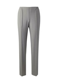 Grijze, rechte broek met een elastische tailleband, met voorplooien en een gladde, gestructureerde stof. Geen zichtbare zakken of sluitingen.