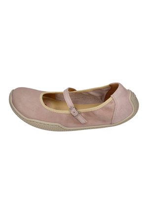 Light pink suede Mary Jane flat with a single buckle strap and beige rubber sole, shown in a side view on a white background.
