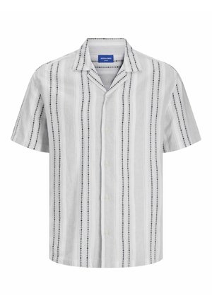 Korte mouwen knoop-shirt gemaakt van lichte stof, met horizontale witte en grijze strepen en marineblauwe geometrische patronen.