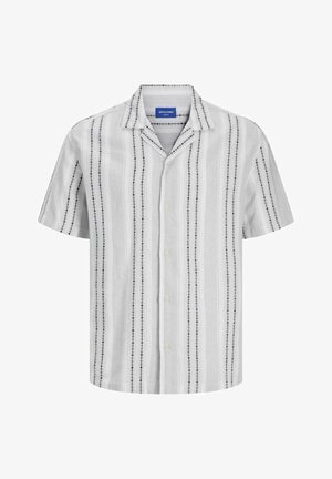 Korte mouwen knoop-shirt gemaakt van lichte stof, met horizontale witte en grijze strepen en marineblauwe geometrische patronen.