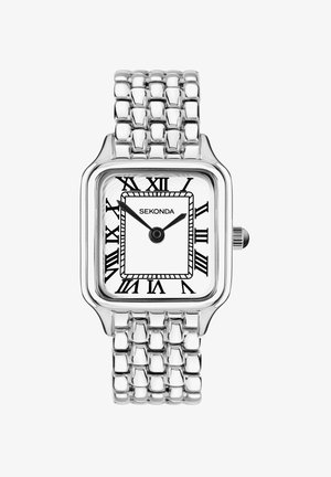 Montre rectangulaire argentée avec bracelet en maille, cadran texturé blanc, chiffres romains noirs et aiguilles noires ; nom de la marque "SEKONDA" mis en avant.