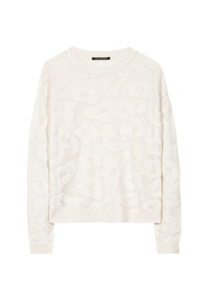 White sweater with a raised floral pattern, ribbed neckline and cuffs, slightly oversized fit, made from a soft, textured fabric.