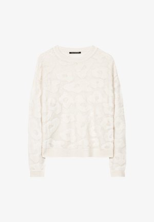 White sweater with a raised floral pattern, ribbed neckline and cuffs, slightly oversized fit, made from a soft, textured fabric.