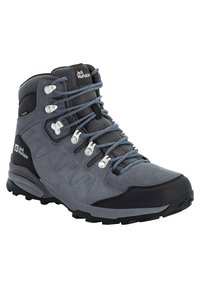 Grau-schwarzer High-Top-Wanderschuh mit blauen Schnürsenkeln, Metallösen, robustem Profil und Jack Wolfskin-Logo an der Seite und auf der Zunge.