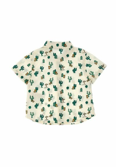 Camicetta a maniche corte con uno sfondo crema decorato con un motivo di cactus verdi e piccoli personaggi dei cartoni animati, progettata con un colletto.