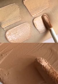 Four shades of liquid foundation are swatched on skin, revealing a range of beige tones with creamy textures, applied with a sponge applicator.