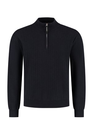 Marineblauwe gebreide trui met een hoge kraag en een kwart ritssluiting. Beschikt over een gestructureerd patroon en ribgebreide manchetten en zoom.