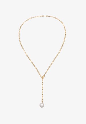 Goldkette mit verlängerten Gliedern, an der ein einzelner weißer Perlenanhänger von einem unteren Abschnitt hängt.
