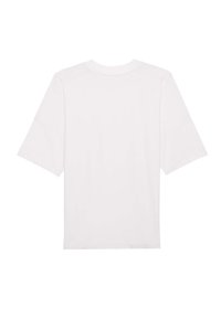 Witte katoenen T-shirt met korte, brede mouwen en een ronde hals. Glad van textuur, geen patronen of versieringen. Eenvoudige achteraanzicht.