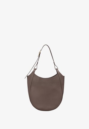 Brown leather shoulder bag with adjustable strap and gold buckle, featuring a rounded bottom and minimalist design.