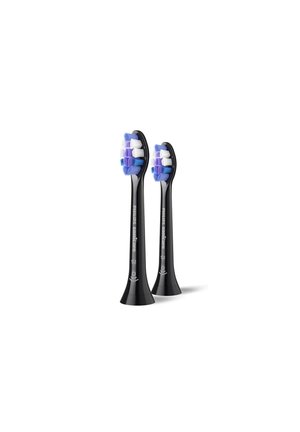 Zwei schwarze Philips Sonicare elektrische Zahnbürsten-Ersatzköpfe mit blauen, weißen und violetten Borsten auf weißem Hintergrund.
